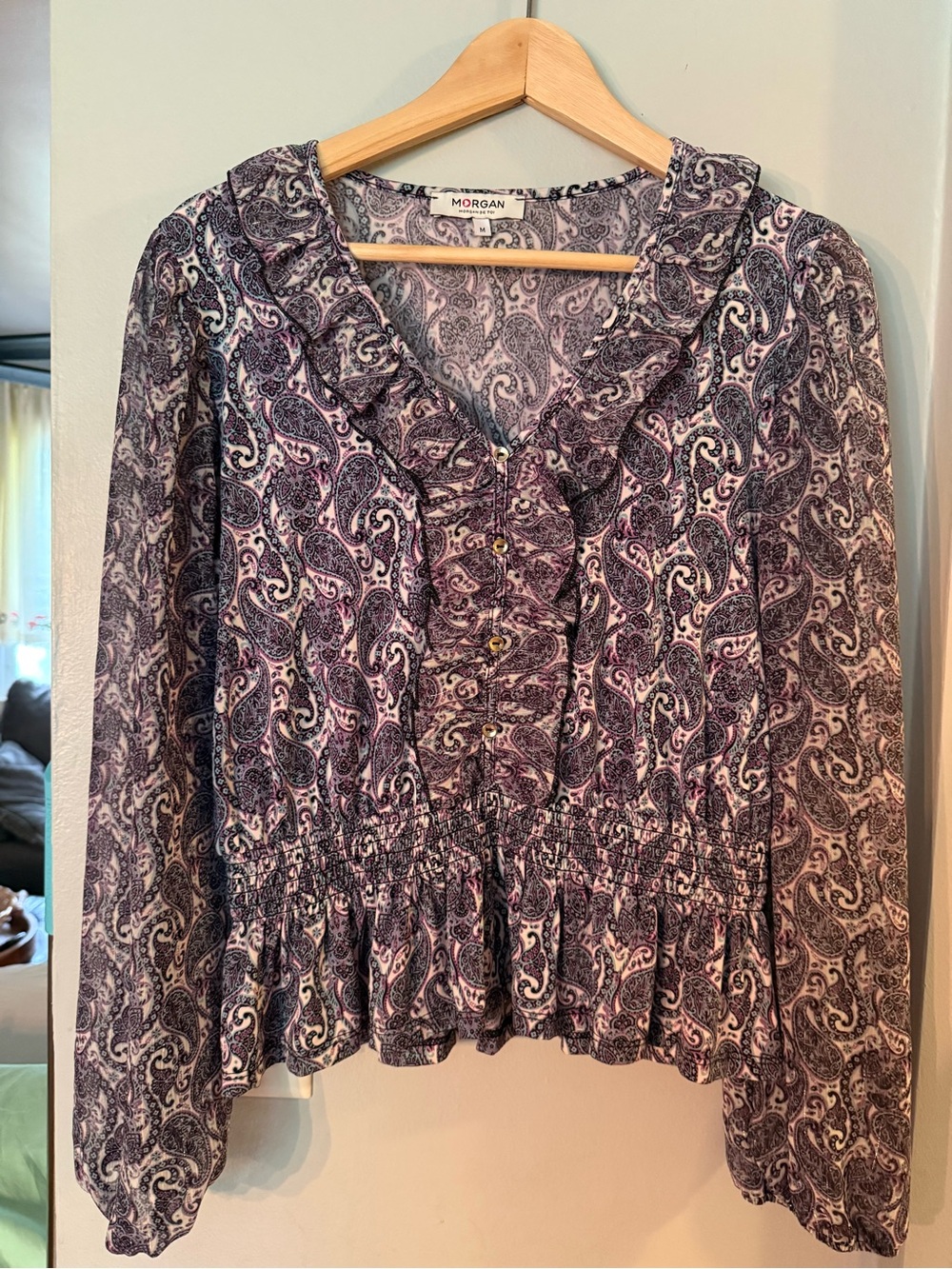 Morgan de Toi Purple Paisley Ruffle-Front Blouse